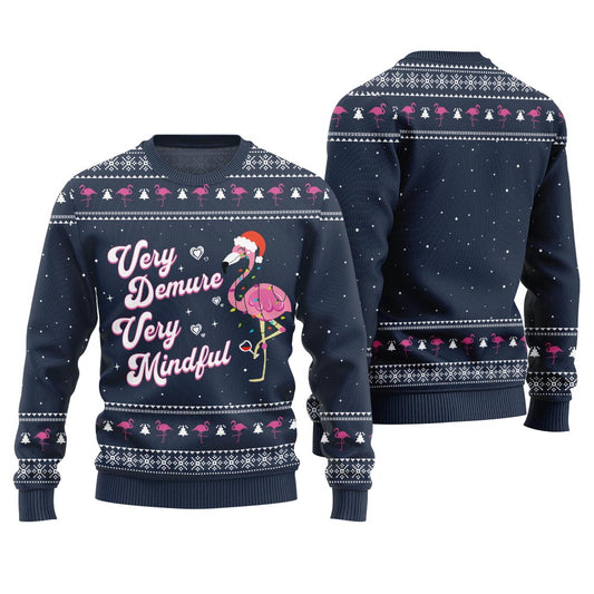 Funny Demure Mindful Flamingo Christmas Sweater Navy