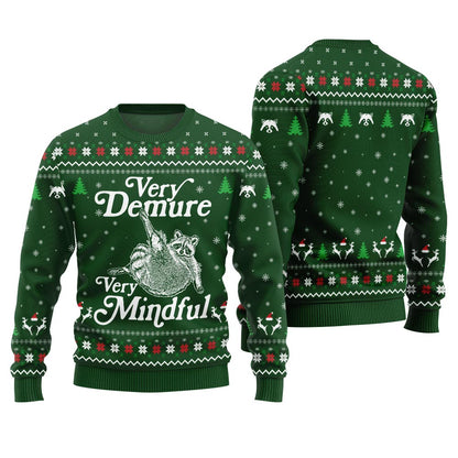 Funny Demure Mindful Racoon Ugly Christmas Sweater Green