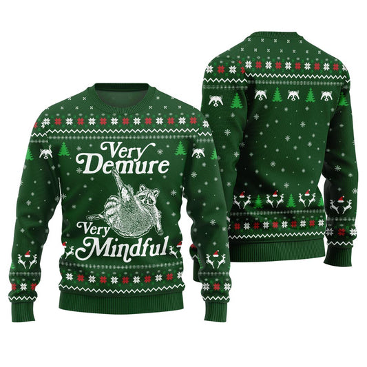 Funny Demure Mindful Racoon Ugly Christmas Sweater Green