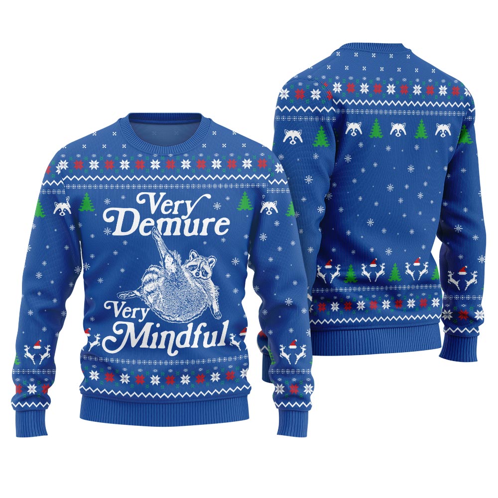 Funny Demure Mindful Racoon Ugly Xmas Sweater Royal