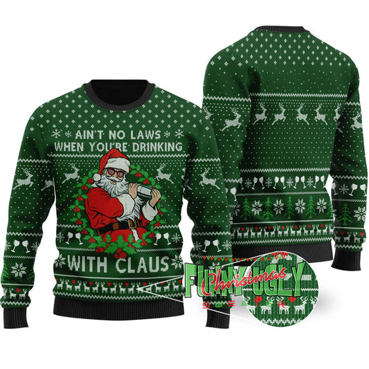 Funny Drinking Santa Ugly Christmas Sweater Forest Green