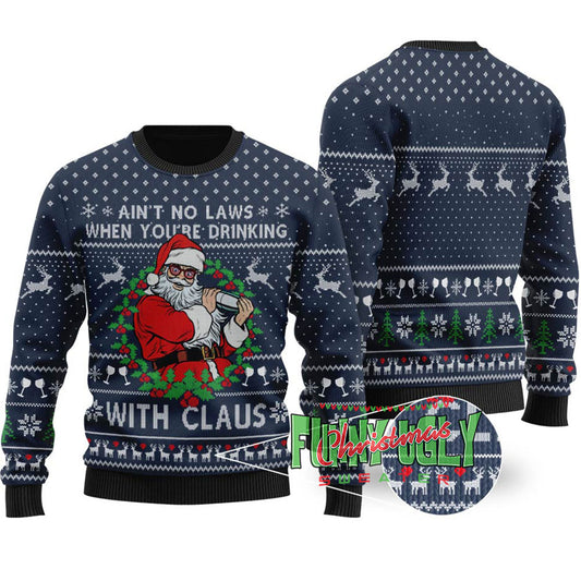 Funny Drinking Santa Ugly Christmas Sweater Navy