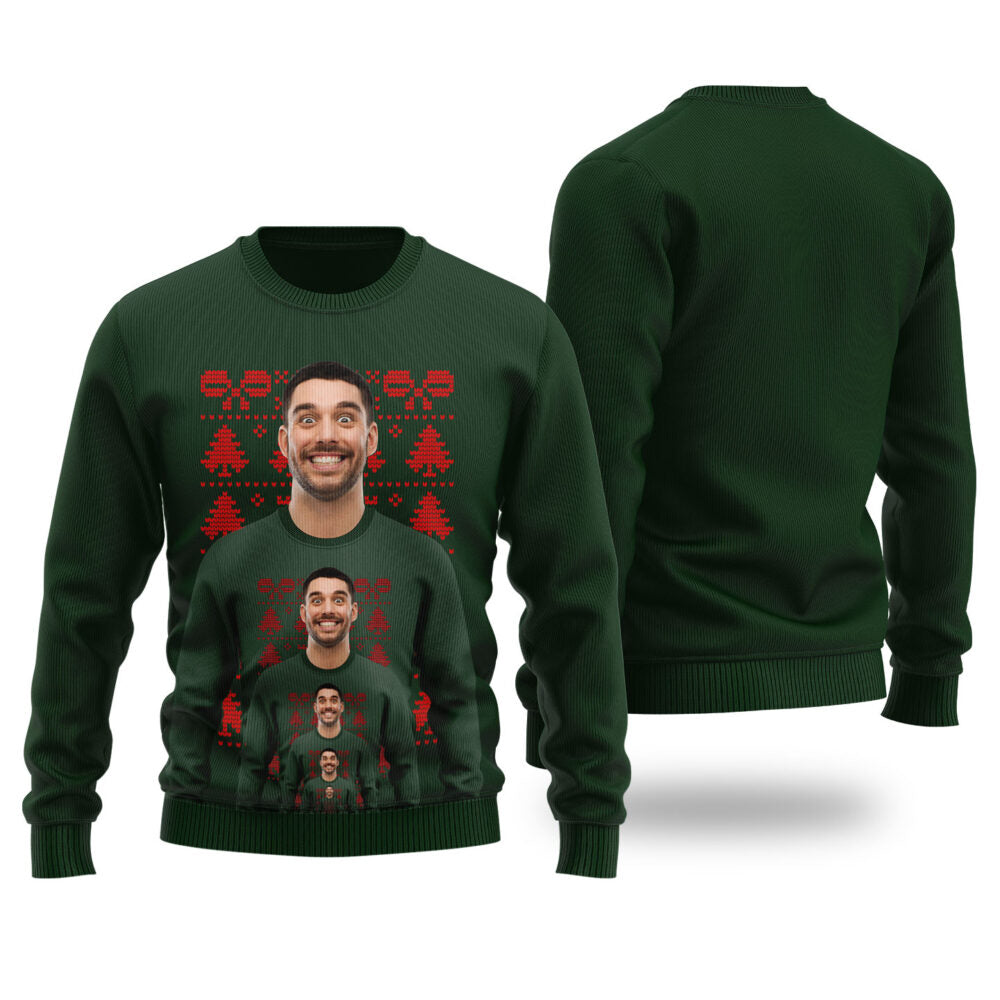 Funny Endless Face Custom Ugly Christmas Sweater Forest Green - Funny Ugly Christmas Sweater