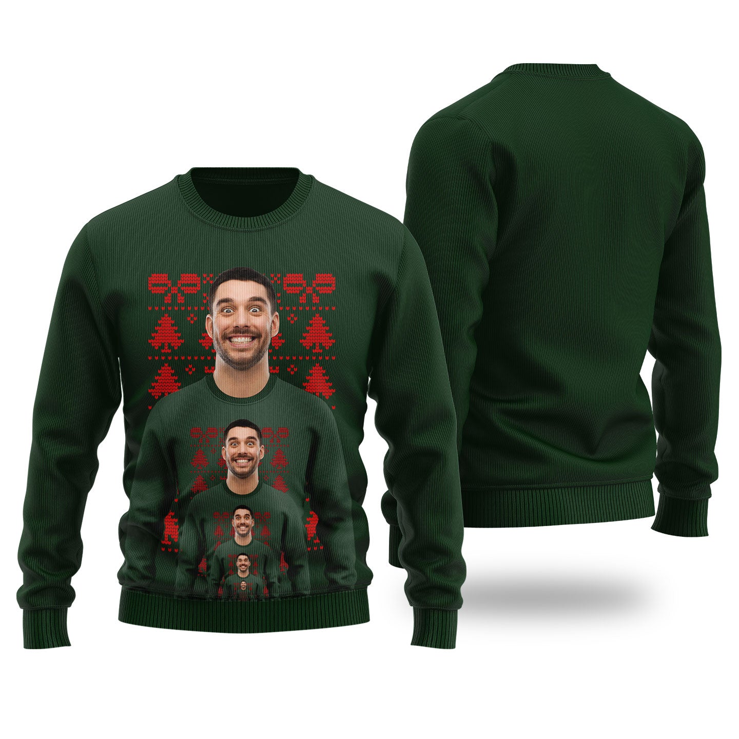 Funny Endless Face Custom Ugly Christmas Sweater Forest Green - Funny Ugly Christmas Sweater