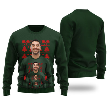 Funny Endless Face Custom Ugly Christmas Sweater Forest Green - Funny Ugly Christmas Sweater