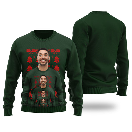 Funny Endless Face Custom Ugly Christmas Sweater Forest Green - Funny Ugly Christmas Sweater