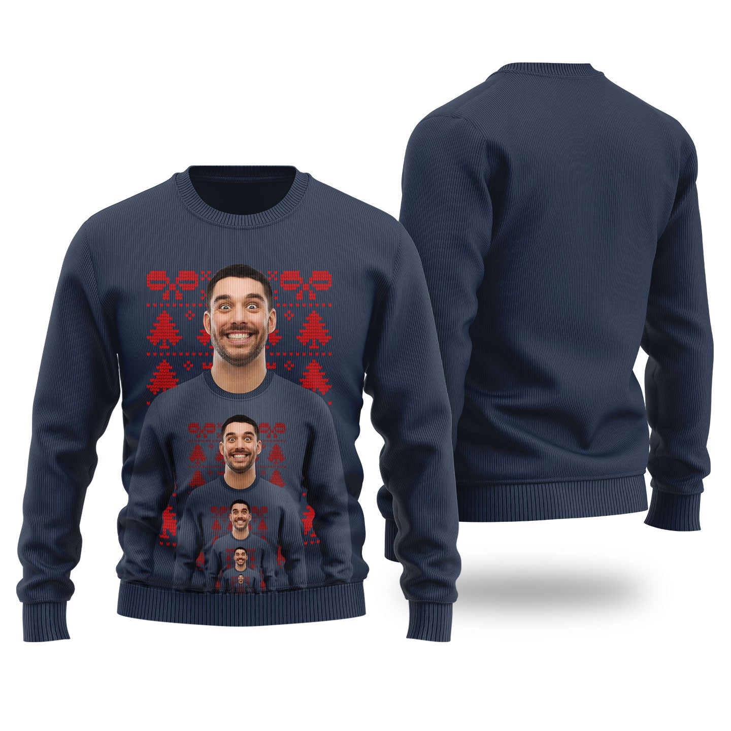 Funny Endless Face Custom Ugly Christmas Sweater Navy - Funny Ugly Christmas Sweater