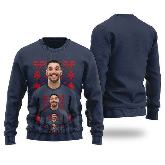 Funny Endless Face Custom Ugly Christmas Sweater Navy - Funny Ugly Christmas Sweater