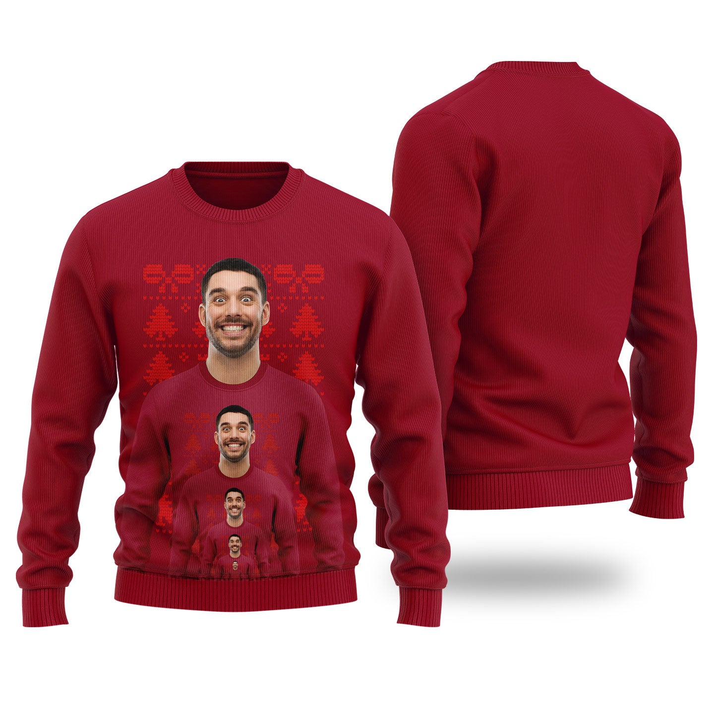 Funny Endless Face Custom Ugly Christmas Sweater Cardinal Red - Funny Ugly Christmas Sweater