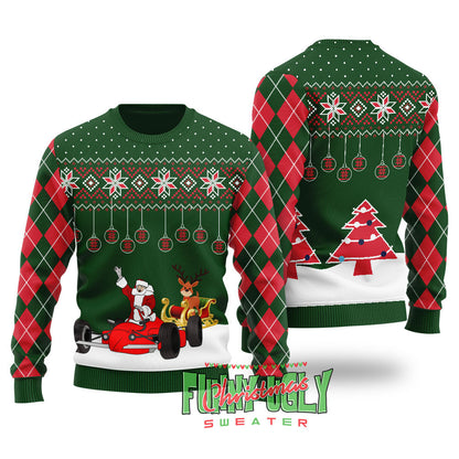 Funny F1 Santa Sleigh Christmas Sweater Forest Green