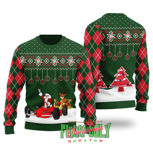 Funny F1 Santa Sleigh Christmas Sweater Forest Green