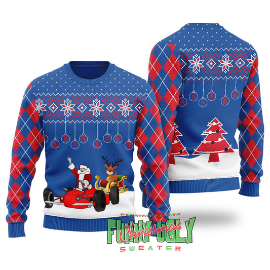 Funny F1 Santa Sleigh Christmas Sweater Royal
