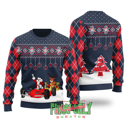 Funny F1 Santa Sleigh Christmas Sweater Navy