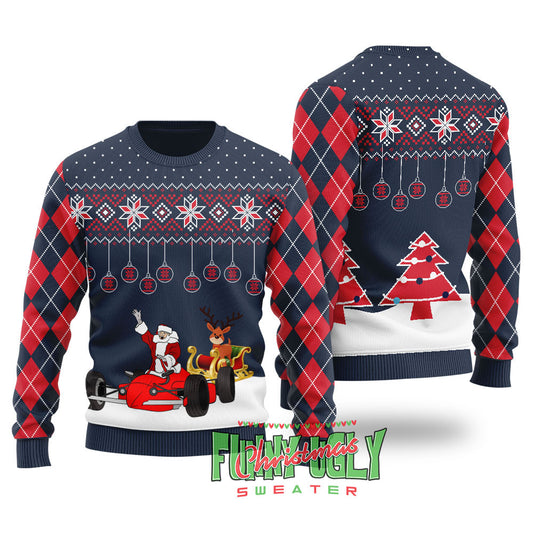 Funny F1 Santa Sleigh Christmas Sweater Navy