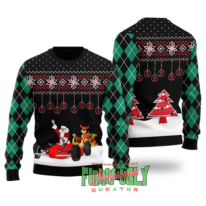 Funny F1 Santa Sleigh Christmas Sweater Black