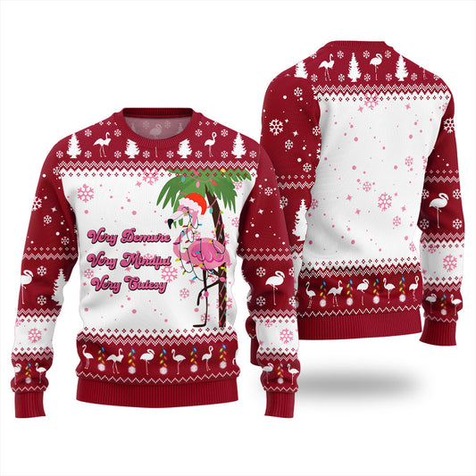 Funny Flamingo Demure Mindful Cutesy Ugly Xmas Sweater Red
