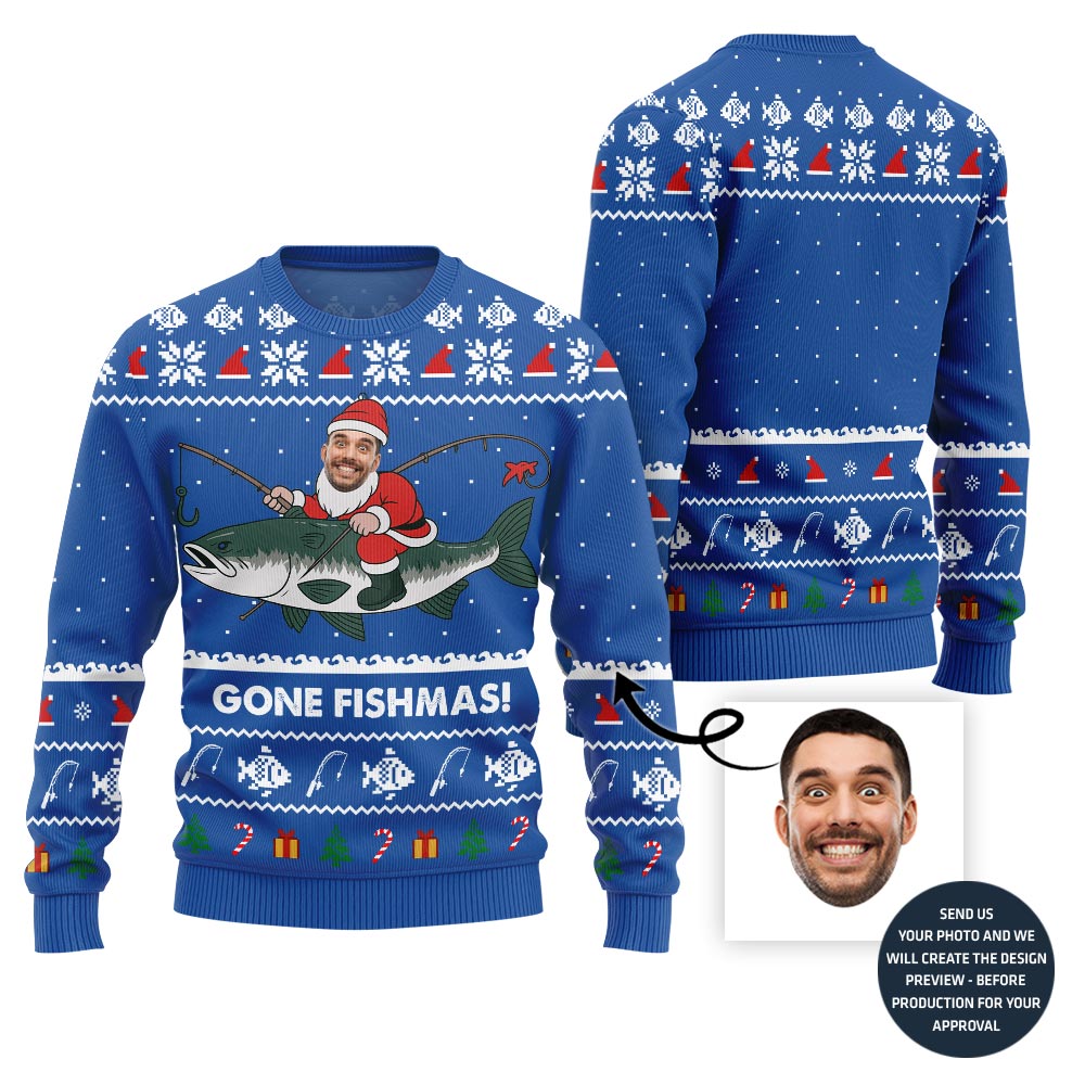Funny Gone Fishmas Custom Face Ugly Xmas Sweater