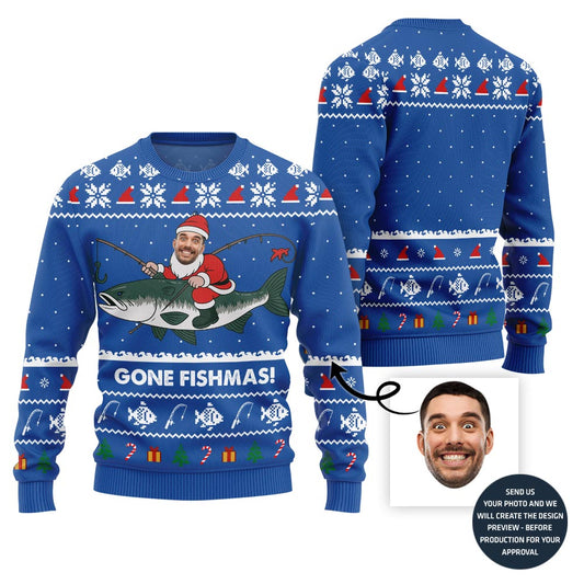 Funny Gone Fishmas Custom Face Ugly Xmas Sweater