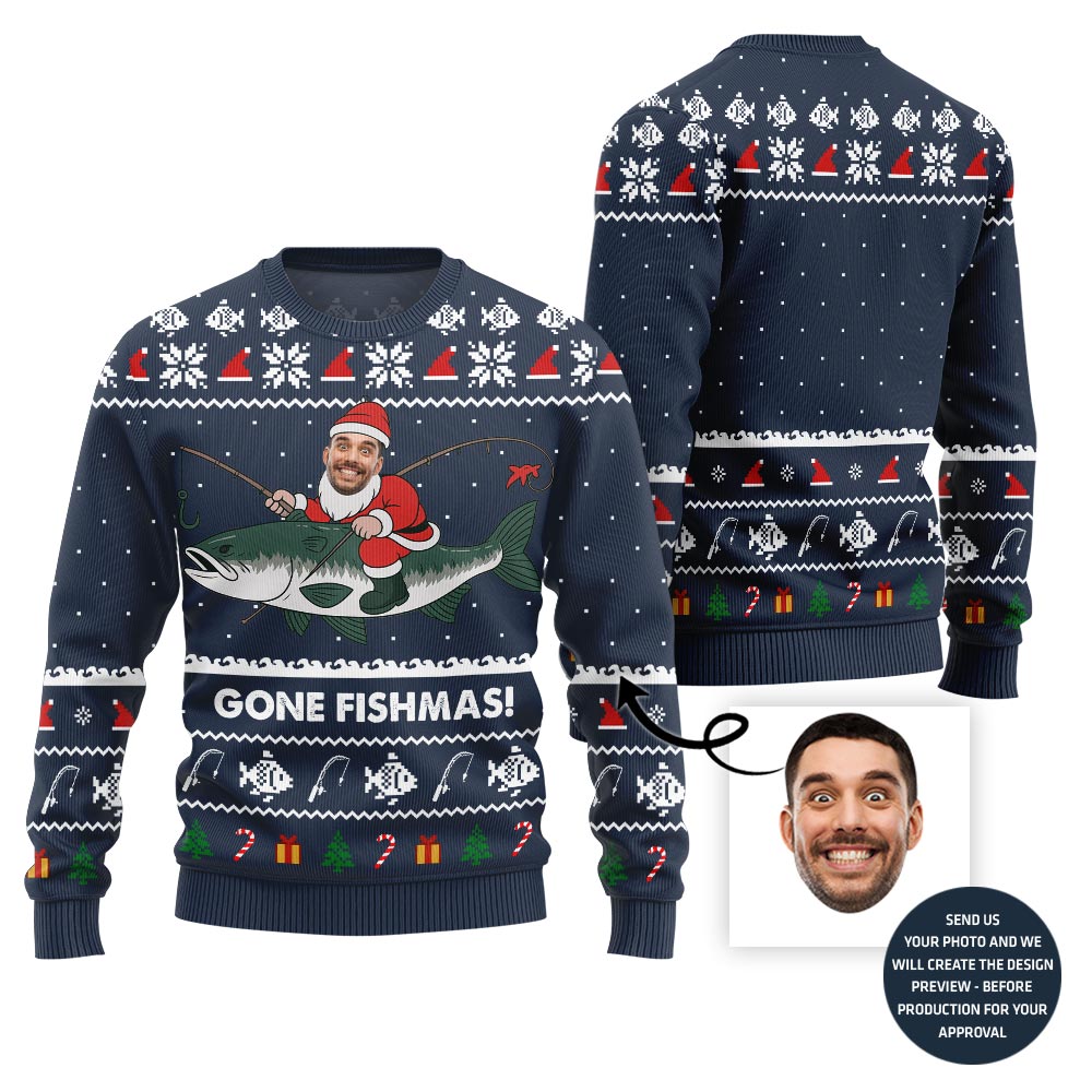 Funny Gone Fishmas Custom Face Ugly Xmas Sweater
