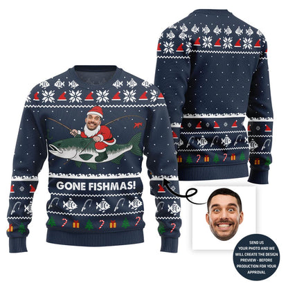 Funny Gone Fishmas Custom Face Ugly Xmas Sweater