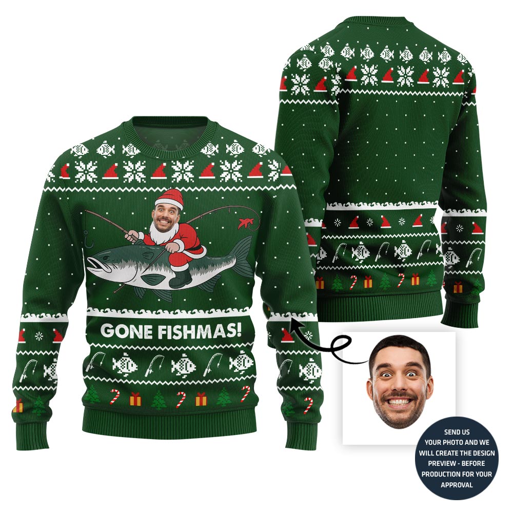 Funny Gone Fishmas Custom Face Ugly Xmas Sweater