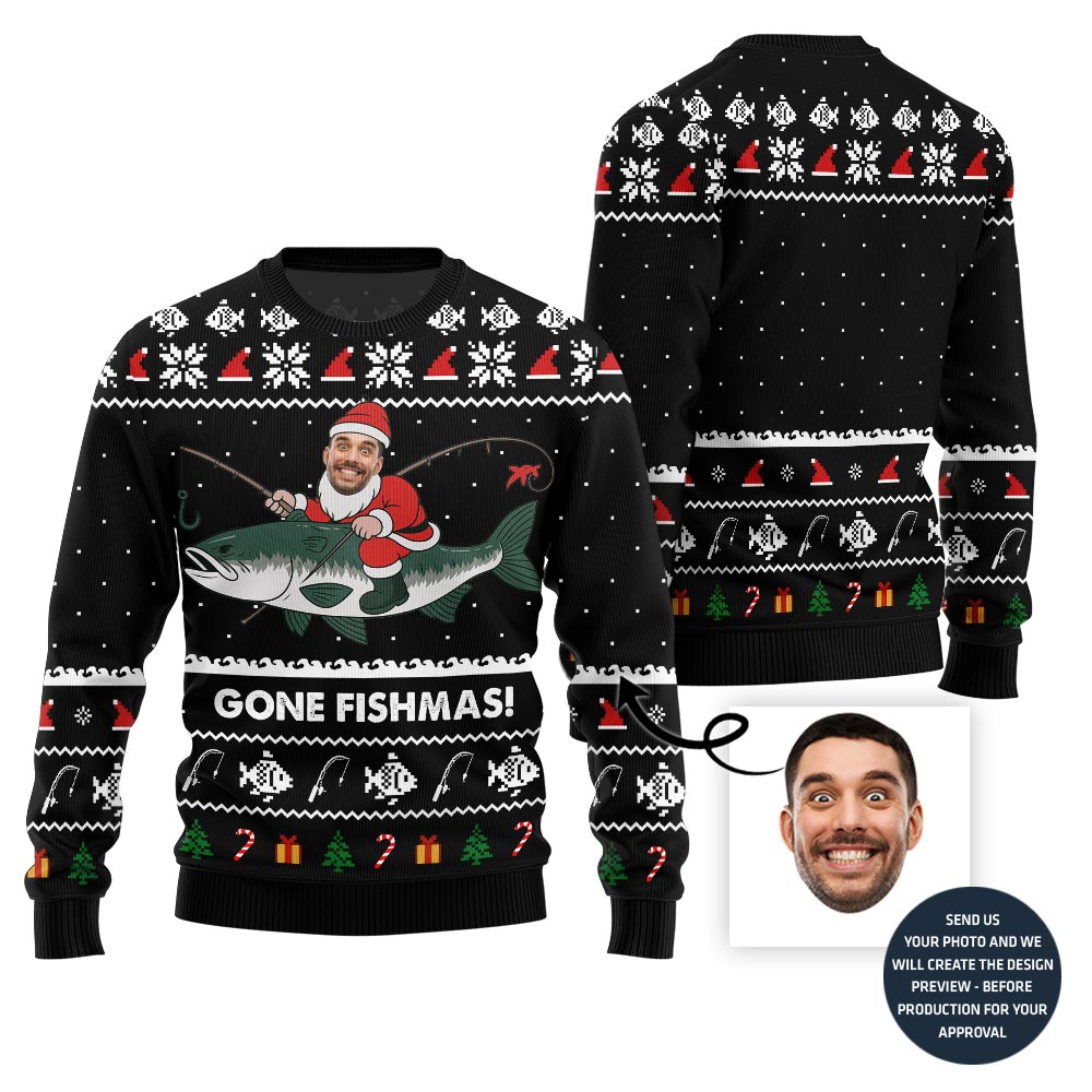 Funny Gone Fishmas Custom Face Ugly Xmas Sweater