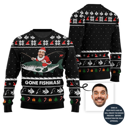 Funny Gone Fishmas Custom Face Ugly Xmas Sweater