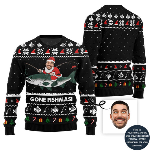 Funny Gone Fishmas Custom Face Ugly Xmas Sweater