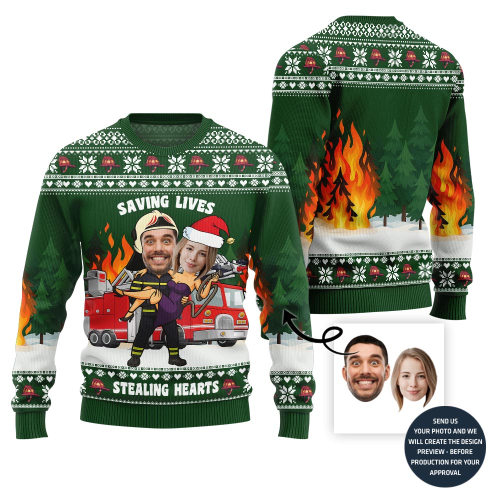 Funny Heroic Custom Firefighter Couple Face Ugly Christmas Sweater
