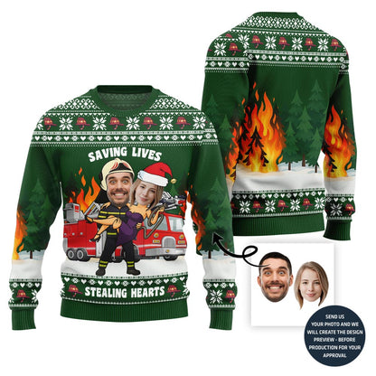 Funny Heroic Custom Firefighter Couple Face Ugly Christmas Sweater