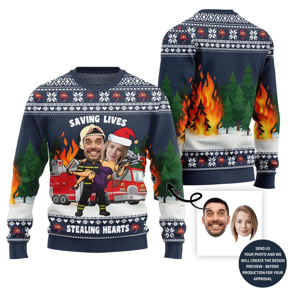 Funny Heroic Custom Firefighter Couple Face Ugly Christmas Sweater