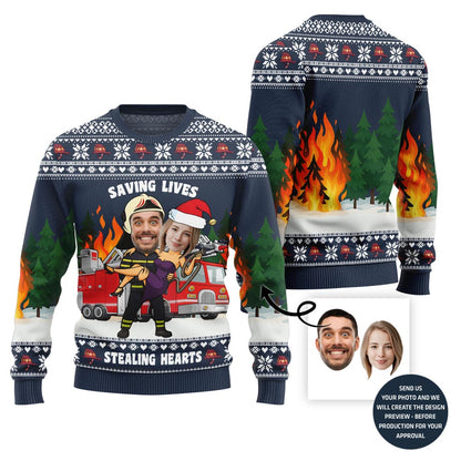 Funny Heroic Custom Firefighter Couple Face Ugly Christmas Sweater