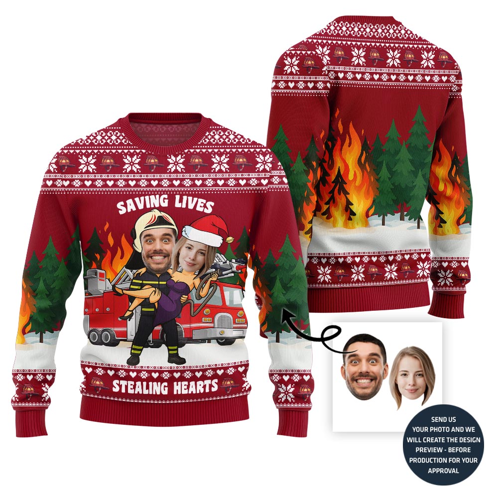 Funny Heroic Custom Firefighter Couple Face Ugly Christmas Sweater