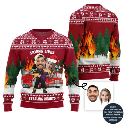 Funny Heroic Custom Firefighter Couple Face Ugly Christmas Sweater
