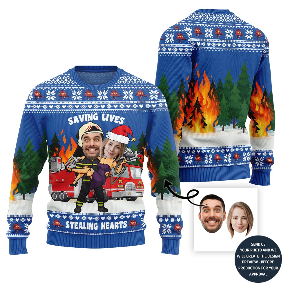 Funny Heroic Custom Firefighter Couple Face Ugly Christmas Sweater