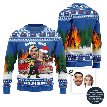 Funny Heroic Custom Firefighter Couple Face Ugly Christmas Sweater