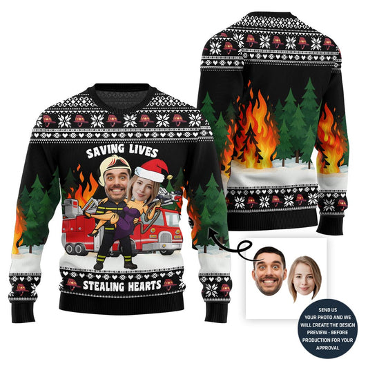 Funny Heroic Custom Firefighter Couple Face Ugly Christmas Sweater