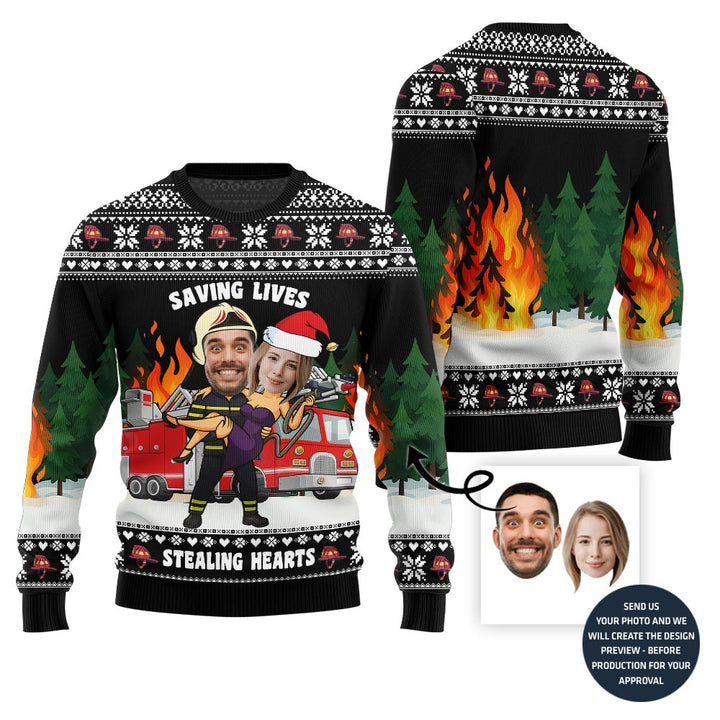 Funny Heroic Custom Firefighter Couple Face Ugly Christmas Sweater