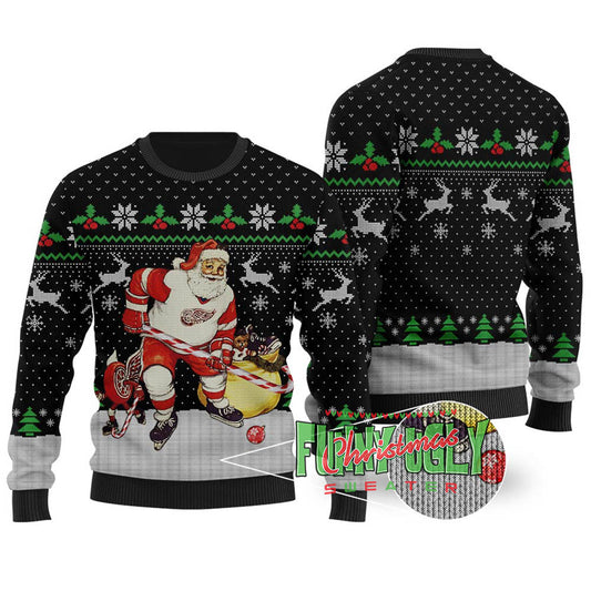 Funny Hockey Santa Ugly Christmas Sweater Black