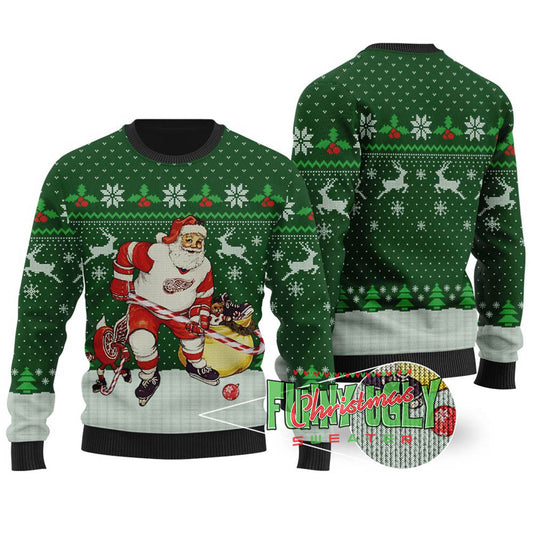 Funny Hockey Santa Ugly Christmas Sweater Forest Green