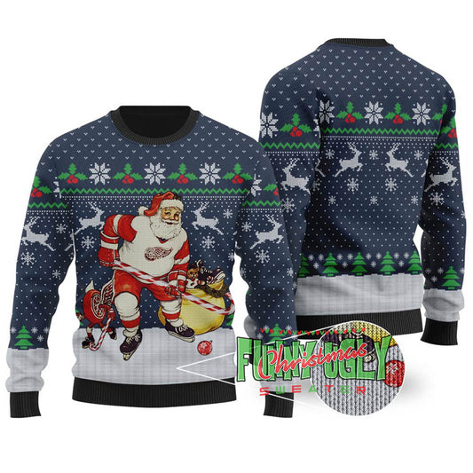 Funny Hockey Santa Ugly Christmas Sweater Navy