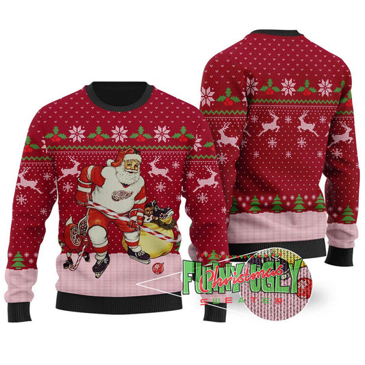 Funny Hockey Santa Ugly Christmas Sweater Cardinal Red