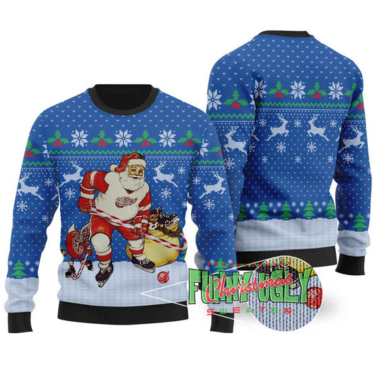 Funny Hockey Santa Ugly Christmas Sweater Royal