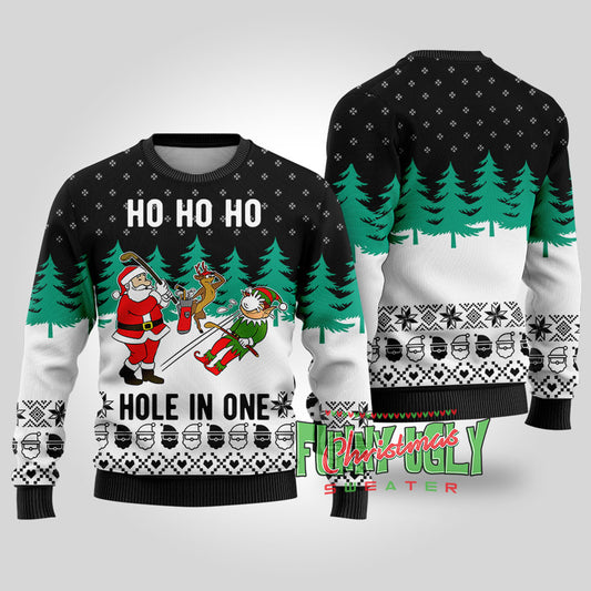 Funny Hole In One Santa Golf Christmas Sweater Black