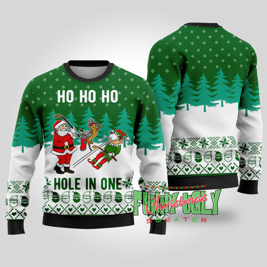 Funny Hole In One Santa Golf Christmas Sweater Forest Green