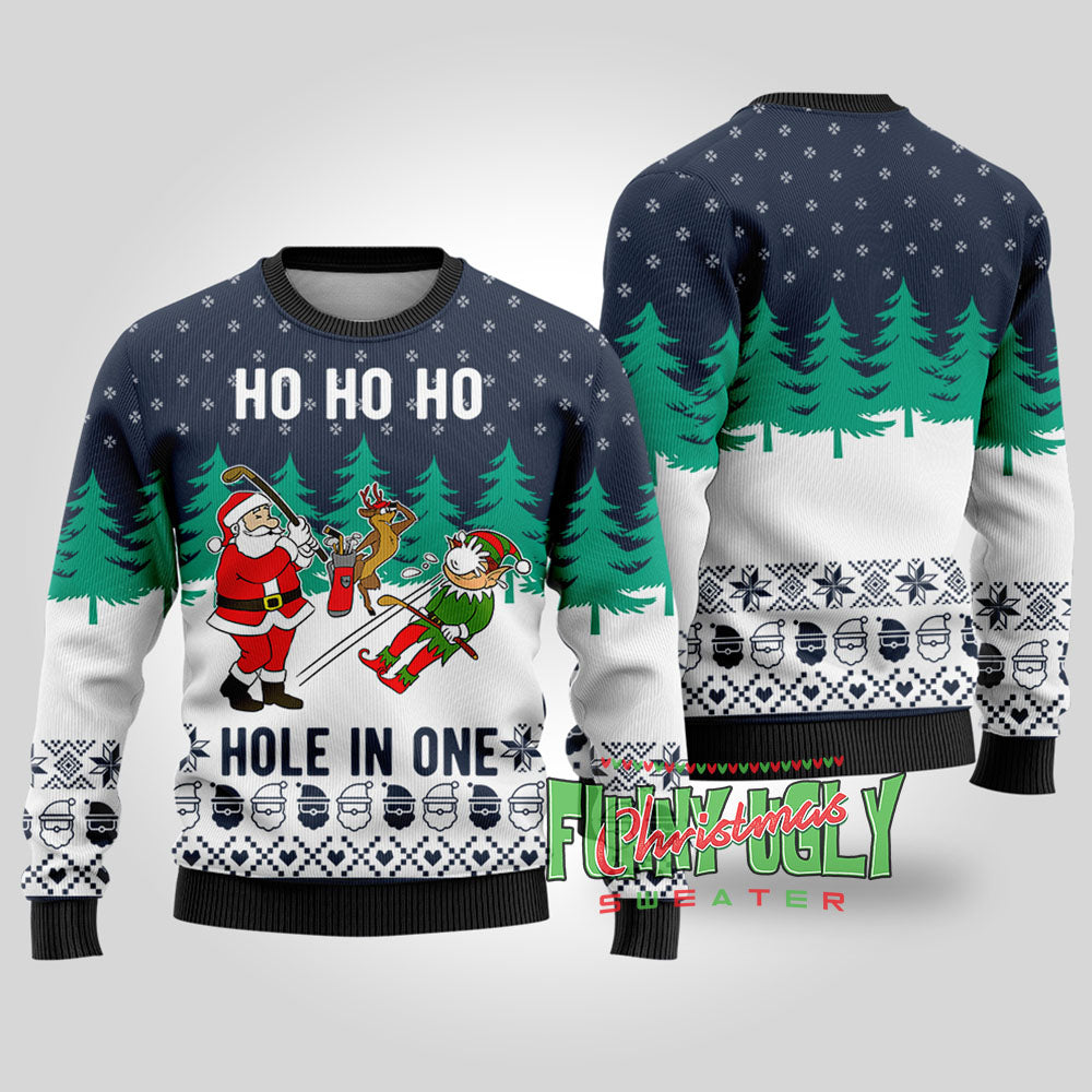 Funny Hole In One Santa Golf Christmas Sweater Navy