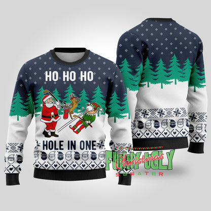 Funny Hole In One Santa Golf Christmas Sweater Navy
