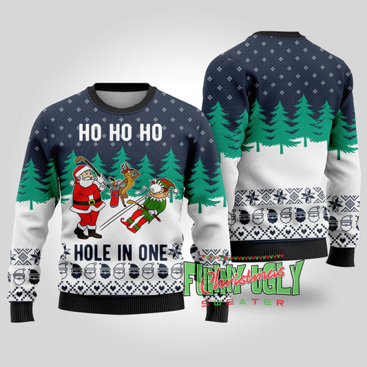 Funny Hole In One Santa Golf Christmas Sweater Navy