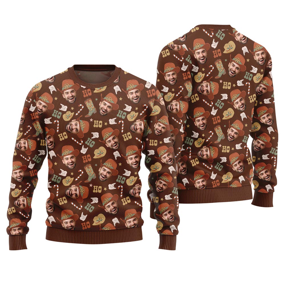 Funny Holiday Sweaters Custom Face Cowboy Adults