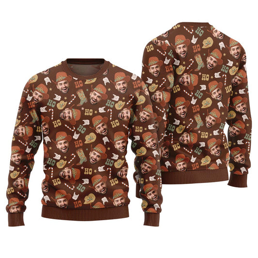 Funny Holiday Sweaters Custom Face Cowboy Adults
